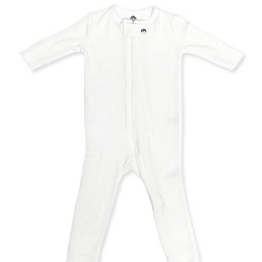 White sleeper for newborn with fold over cuffs on both the feet and hands.